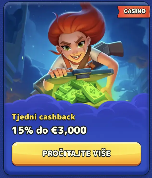Tjedni cashback: Ostvarite povrat do 15% i maksimalno €3,000 svake sedmice Nasmejana crvenokosa junakinja s hrpom novčanica u rukama u noćnoj akciji cashback promocije